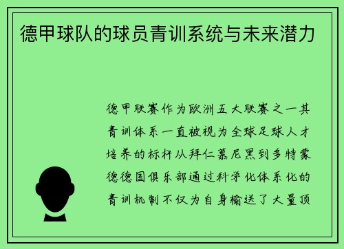 德甲球队的球员青训系统与未来潜力